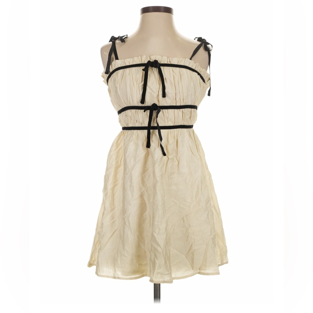 NWT Thirty Thirty Cream Mini Dress with Black Velvet Bow Accent Straps Medium